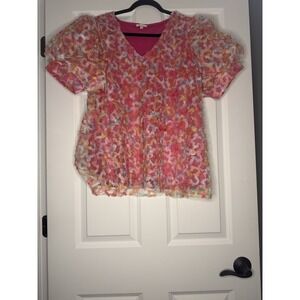 Jodifl Short Puff Sleeve V Neck Top Large Multicolor Floral Overlay